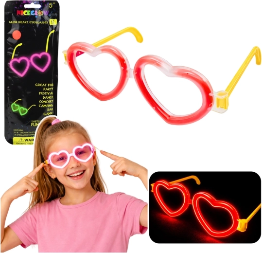 Fluorescent heart-shaped glasses glowing in the dark – neon red