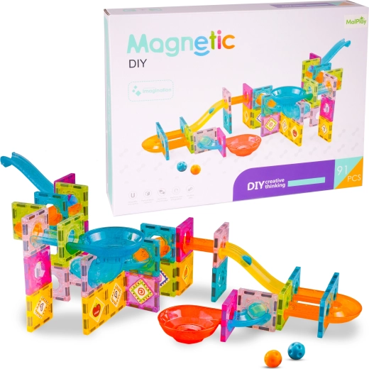 Magnetic building set – marble run with funnel, 91 pcs