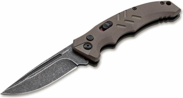 Automatic tactical knife Böker Plus Intention II Coyote, D2, stonewash, G10
