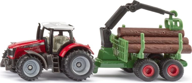 Siku traktor Massey Ferguson metsaveohaagise ja palkidega
