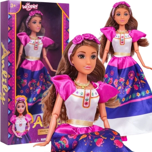 Woopie doll Lily in traditional Mexican floral attire