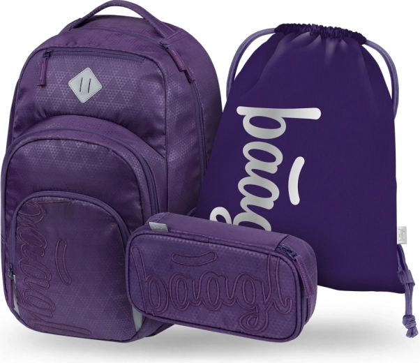 Baagl Set Coolmate Plum – school backpack, pencil case and drawstring bag