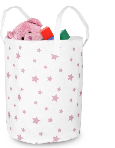 Nukido textile toy basket, white with pink stars
