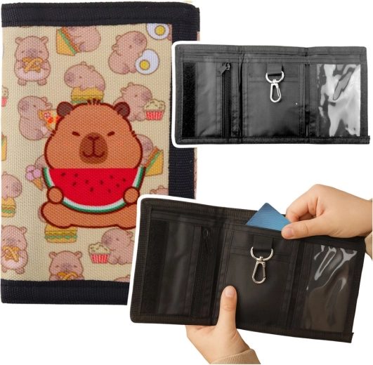 Children’s textile wallet with hook-and-loop fastener and carabiner – capybara with watermelon