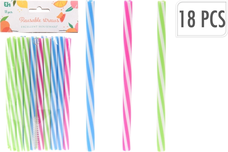 Reusable Plastic Straws 10 × 180 mm, Color Mix + Cleaning Brush (18 pcs)