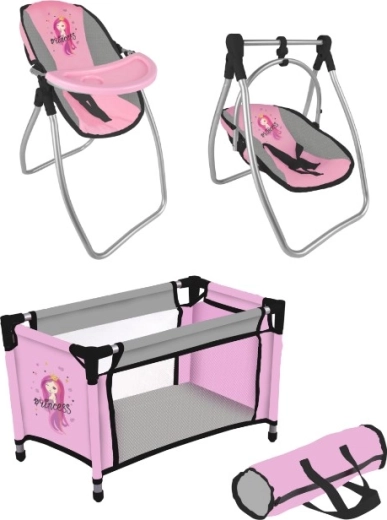 Nukunukkude komplekt princess pink grey – reisivoodi ja 2-ühes söögitool koos kiigega