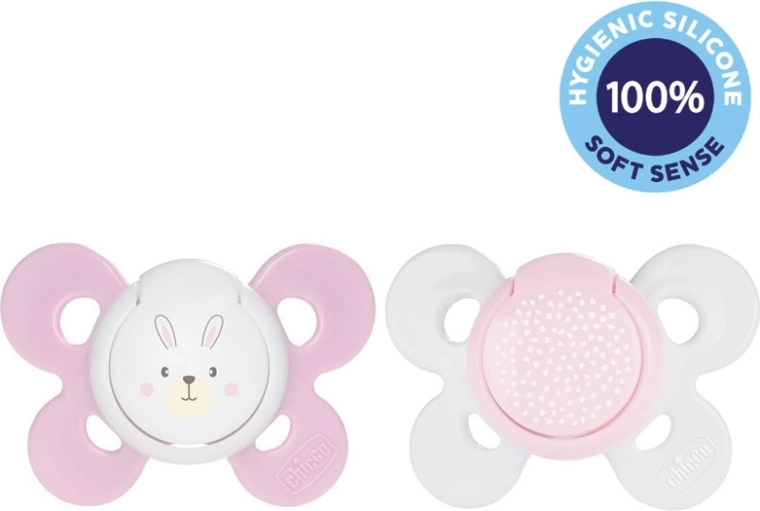 Chicco lutt Physio Comfort silikoonist 2–6 kuud, tüdrukute motiiv jänkuke/täpid, 2 tk