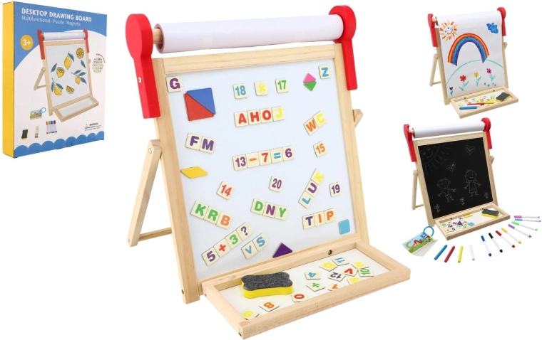 Double-sided magnetic wooden kids’ board 33 × 33 cm with paper roll and accessories