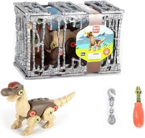 Buildable dinosaur with screws in a cage