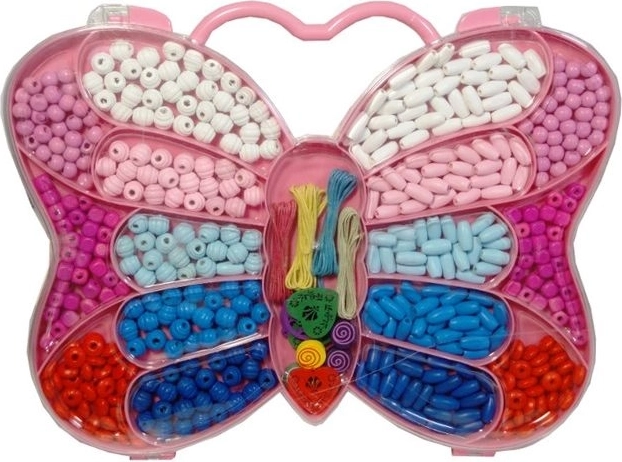 Colorful wooden beads in a butterfly-shaped box