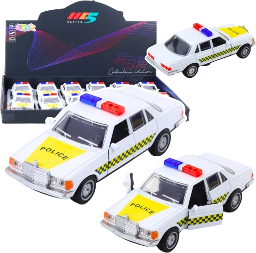 Metal police car 1:32 with pull-back drive and opening doors, white