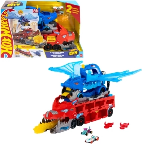 Hot Wheels City kahe draakoniga autotransportöör koos võidusõiduraja ja 2 autoga