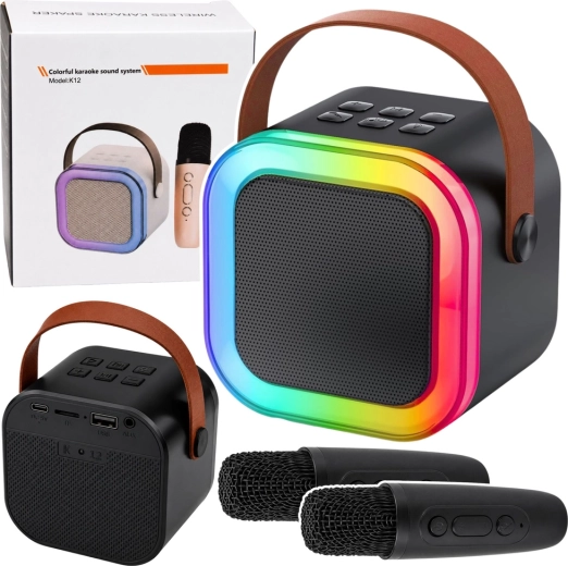 Juhtmevaba karaokesett K12 – Bluetooth-kõlar kahe mikrofoni ja LED-tuledega (must)