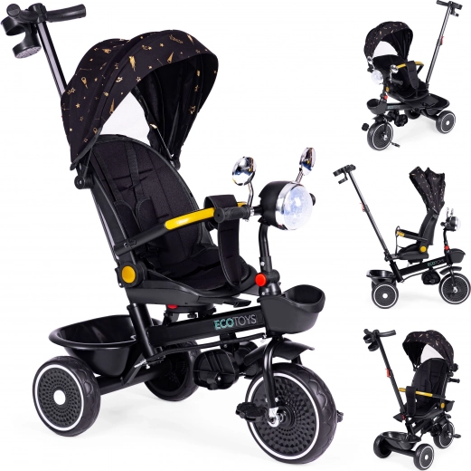Children's tricycle with 360° rotating seat, push handle and canopy, black, ECOTOYS