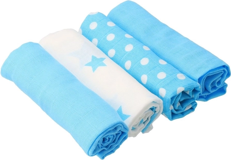 New Baby Softy printed cotton cloth diapers 70 × 70 cm, 4 pcs, turquoise and white