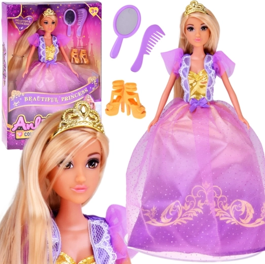 Princess doll with long hair in ball gown with accessories