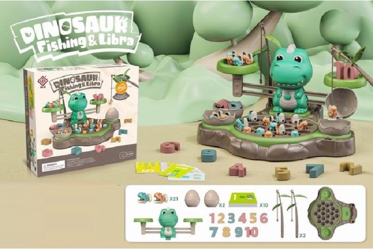 Educational dinosaur catching game with balancing activity