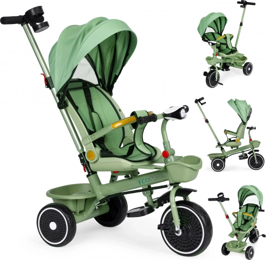 ECOTOYS lastekolmeratas 2‑in‑1 katuse ja pööratava istmega – roheline