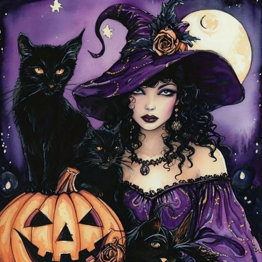 Diamond Painting Witch with Black Cat and Pumpkin 30 × 40 cm