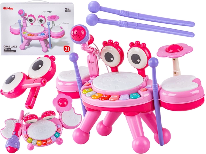 Hariv mini trummikomplekt krabi pianino ja mikrofoniga, roosa – 1 tk