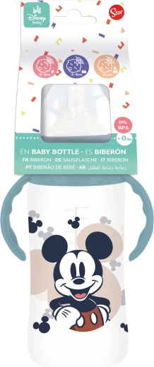 Miki-hiire motiiviga beebipudel käepidemetega MICKEY 360 ml, koolikuvastase süsteemiga