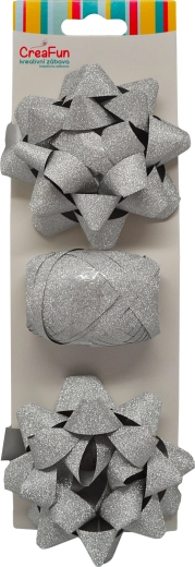 Sparkling silver gift wrapping set (ribbon 10 m + 2 star bows 9 cm)