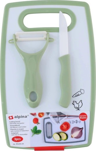 Köögikomplekt ALPINA – lõikelaud, nuga ja koorija
