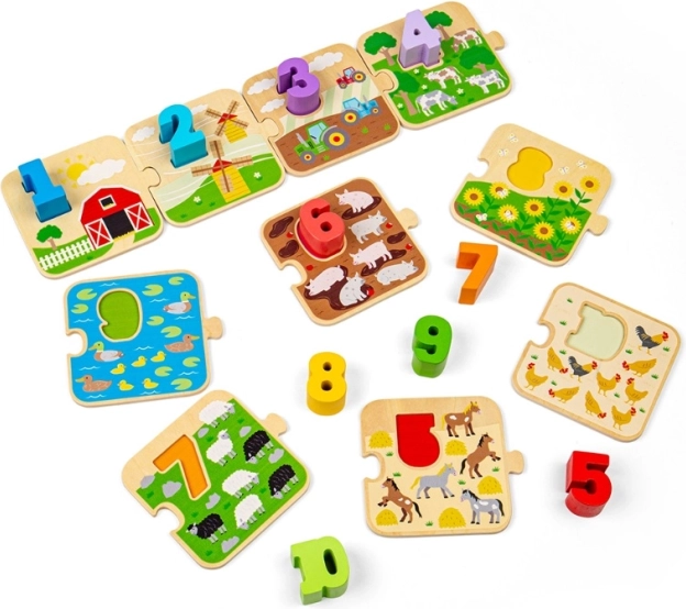 BIGJIGS TOYS puidust pusle piltide ja numbritega 1–10 (elu talus)