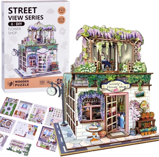 Wooden 3D Puzzle Flower Shop with Light, 243 pieces