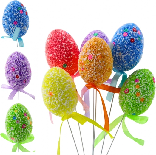 Colorful Easter Eggs on Wire with White Patterns and Ribbon 6 pcs