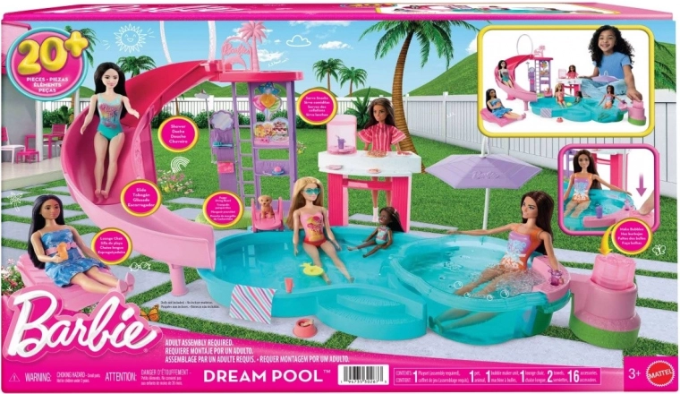 Barbie unistuste bassein – mängukomplekt toruliuguri, mullivanni ja snäkibaariga