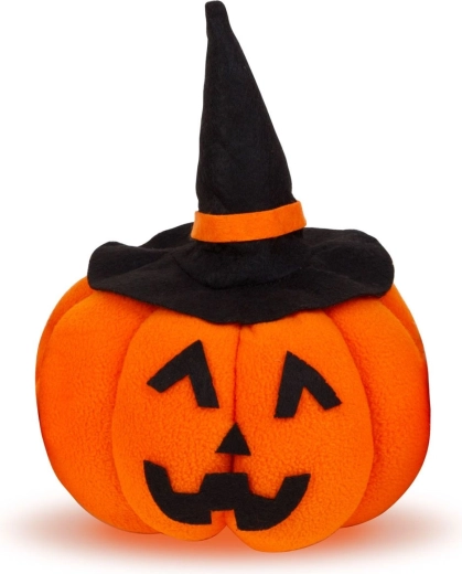Halloween’i tekstiilist kõrvitsakaunistus musta mütsiga