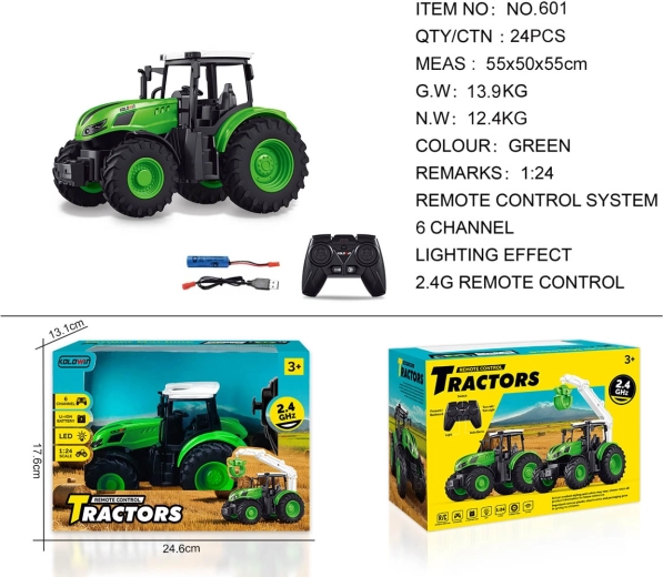 Green remote-controlled tractor 1:24