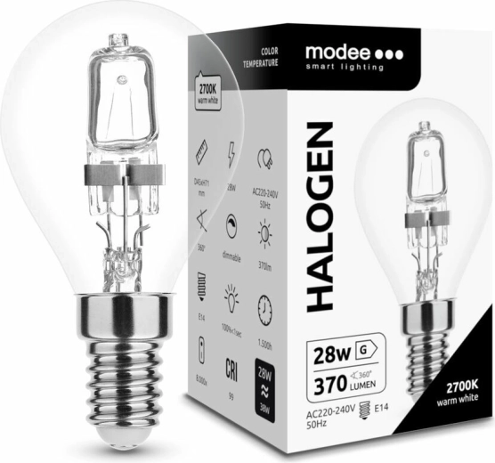 Modee halogeenlamp Mini Globe G45 28 W E14, 370 lm, soe valge