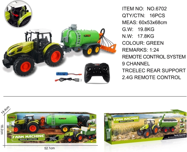 Remote-controlled tractor with green tanker trailer and hay rake 1:24