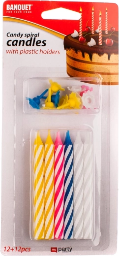 Birthday spiral candles 8 × 0.7 cm, assorted colors, 12 pcs + 12 holders