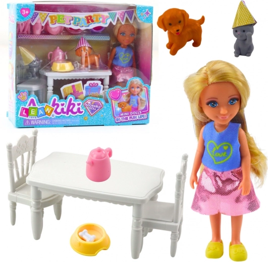 Birthday set with doll, puppy and kitten – table and party accessories