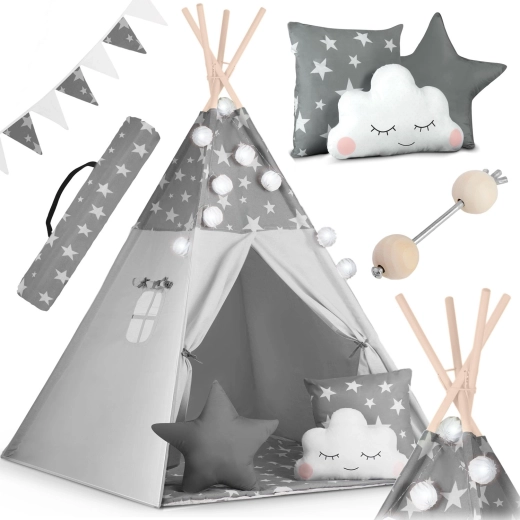 Laste teepee NUKIDO tulede ja vanikuga – hall tähekestega