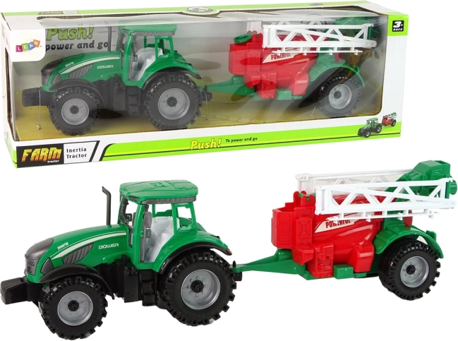 Green tractor with a red-green sprayer with friction drive