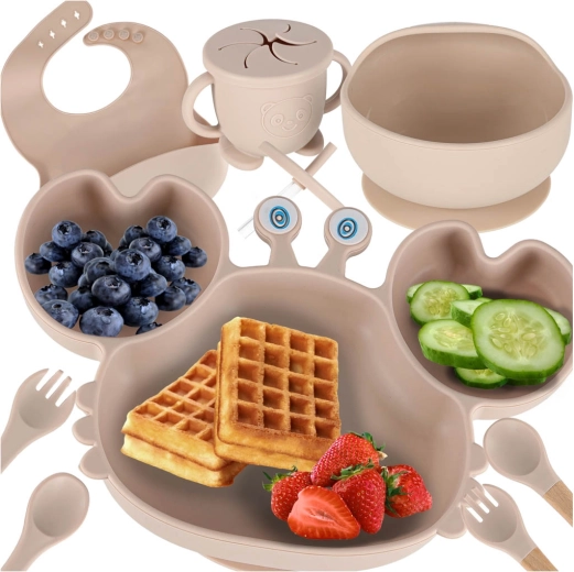 Silicone dining set for children, beige crab - 9 pieces