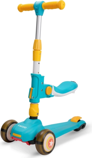 Kids’ scooter with seat, blue–yellow, light-up wheels
