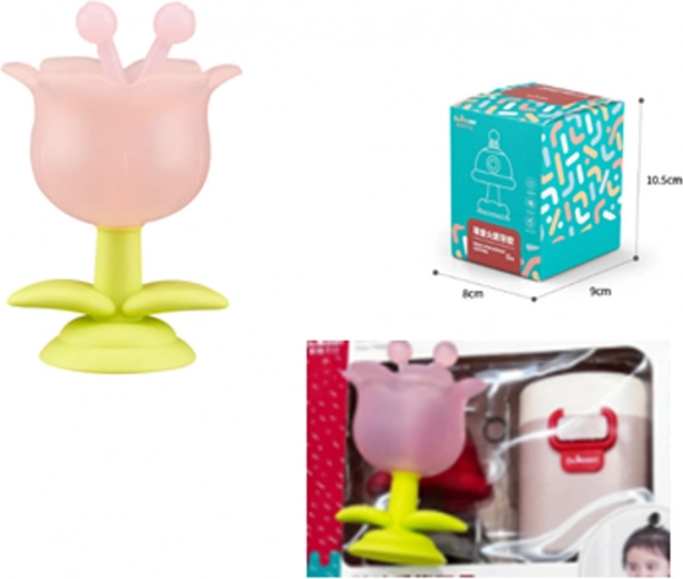 Sensory teether in the shape of a pink flower with case