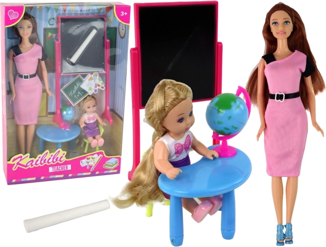 Teacher with Student, School Set with Board and Globe