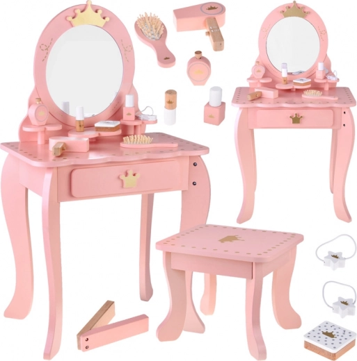 Wooden royal vanity with mirror, stool and accessories for children