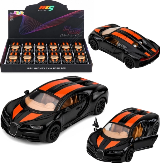 Metallist sportauto efektidega ja tagasitõmbe (pull-back) ajamiga 1:32, must
