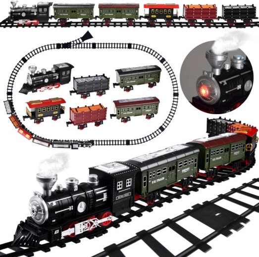Electric train set with steam locomotive, steam and light