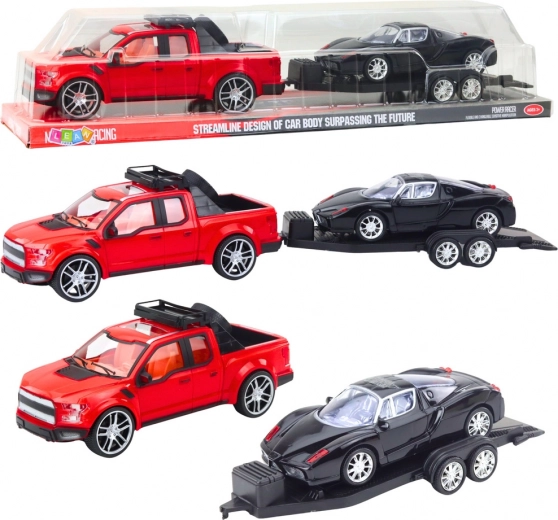 Punase maastikuauto komplekt lahtikäiva haagise ja musta sportautoga 59 cm
