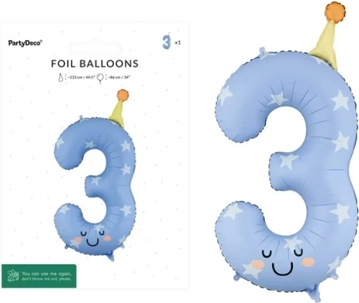 Light blue foil balloon number 3, 86 cm