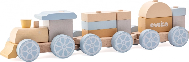 Cubika pastel rainbow train with two wagons – wooden stacking toy, 15 pieces