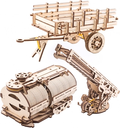 UGEARS accessories for UGM-11 truck – fire ladder, bed and tanker (3D wooden mechanical modules)
